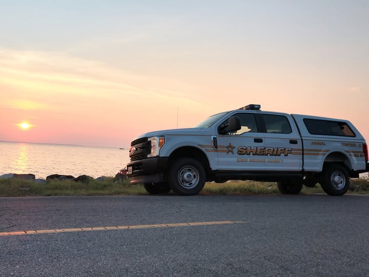 The Animal Control Truck parked by a body of water with a sunset in the background.