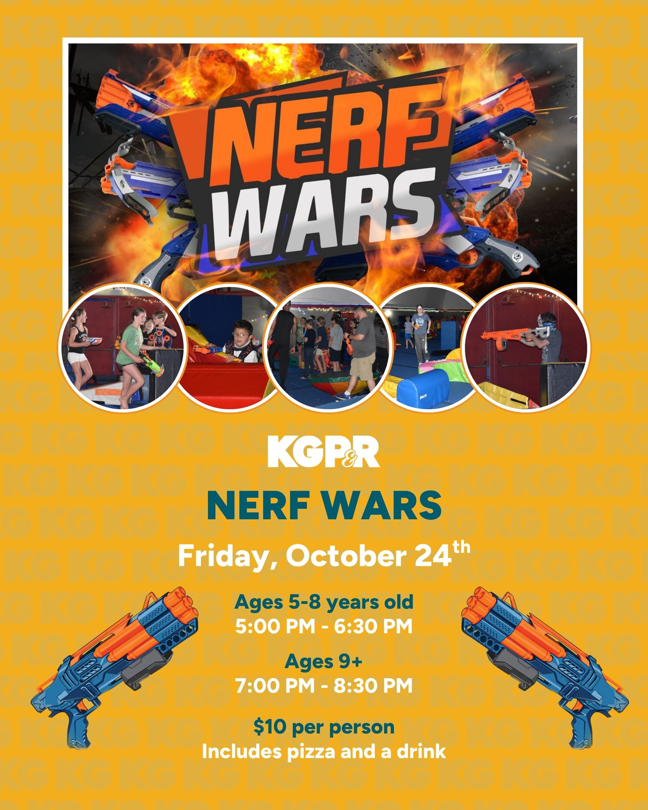 A fiery nerf wars graphic with nerf war photos in a line of circles underneath.