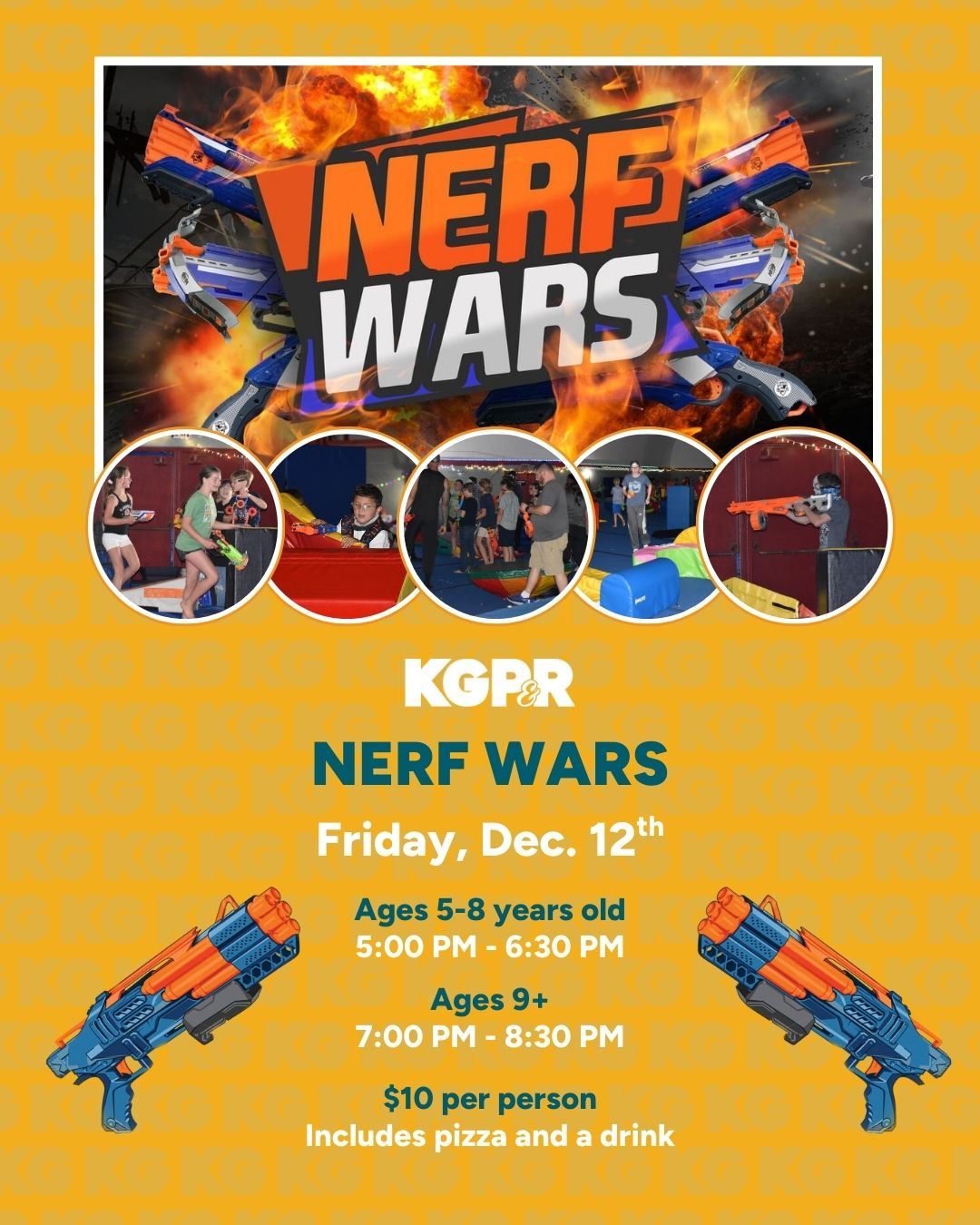 Fiery graphic with Nerf Wars written with 5 circles with Nerf War photos below and two nerf blasters