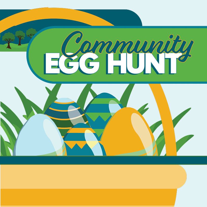 An easter basket filled with colorful eggs with words Community Egg Hunt